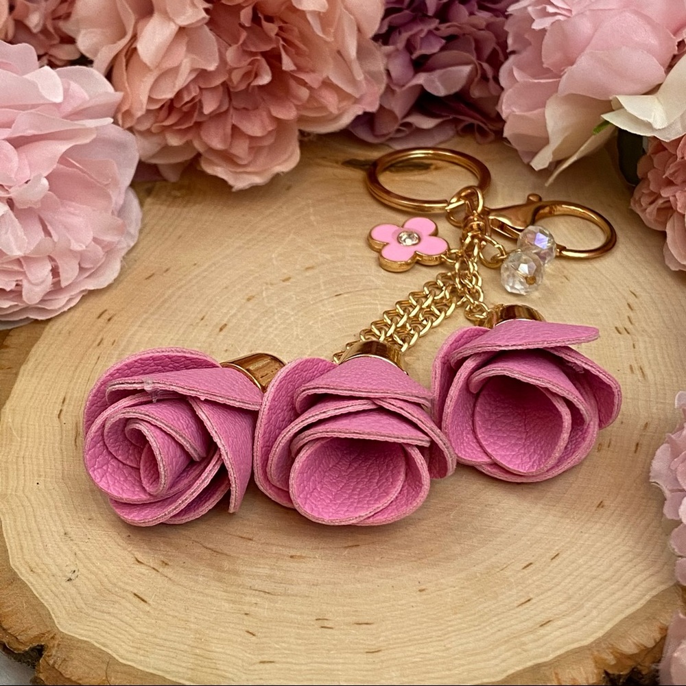 Pink Triple Rose Charm with Beads Keychain - Picture 12 of 15